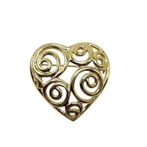 Gold Tone Heart Swirl Pin Brooch With Openwork Design Vintage